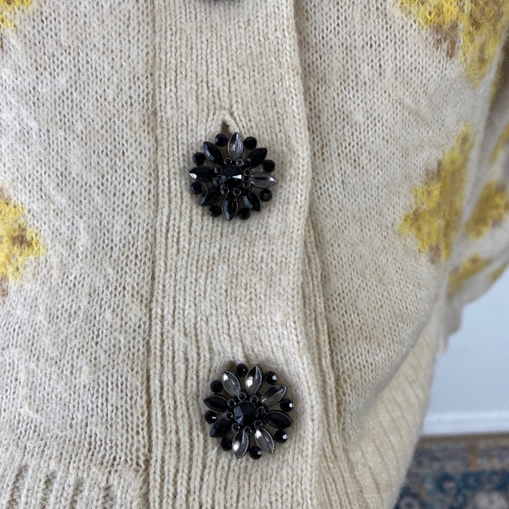 Zara Sz M Yellow Diamond Knit Jewel Button Cardigan Cream Wool Alpaca Blend - Picture 7 of 11